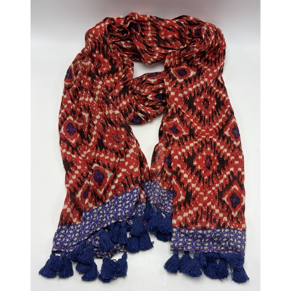Lucky Brand Scarf Boho Hippie Wrap Tassels Red Blue Thin India